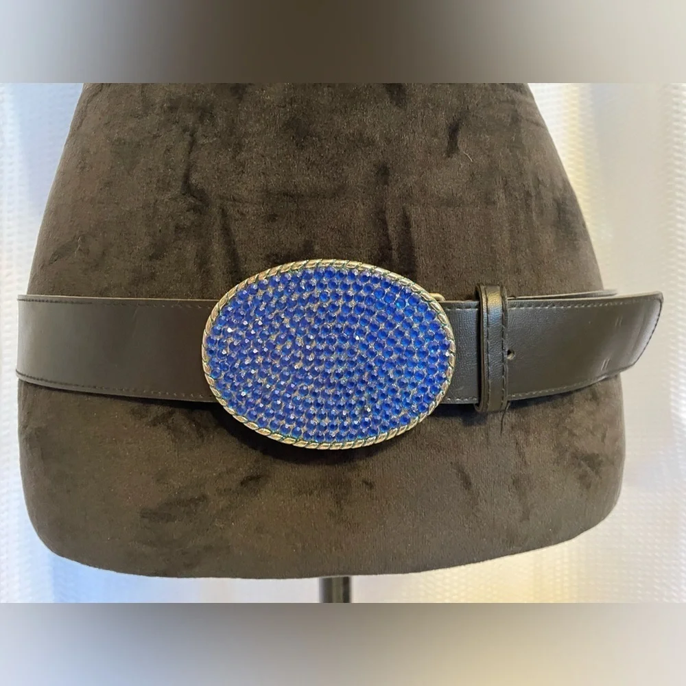 Black 1 1/2” Belt With Blue Rhinestone Buckle OS NWOT